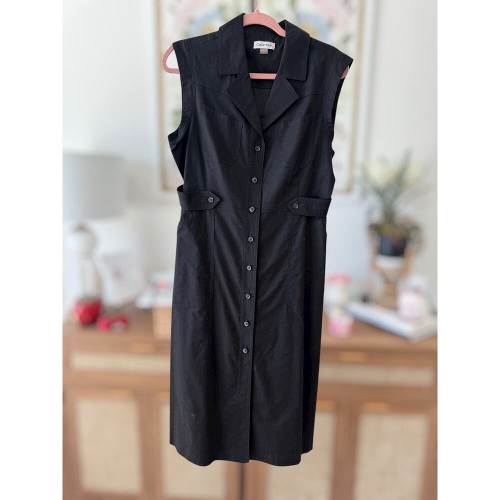Calvin Klein Collared Button Down Sleeveless Shirtdress Utility Black Womens 10